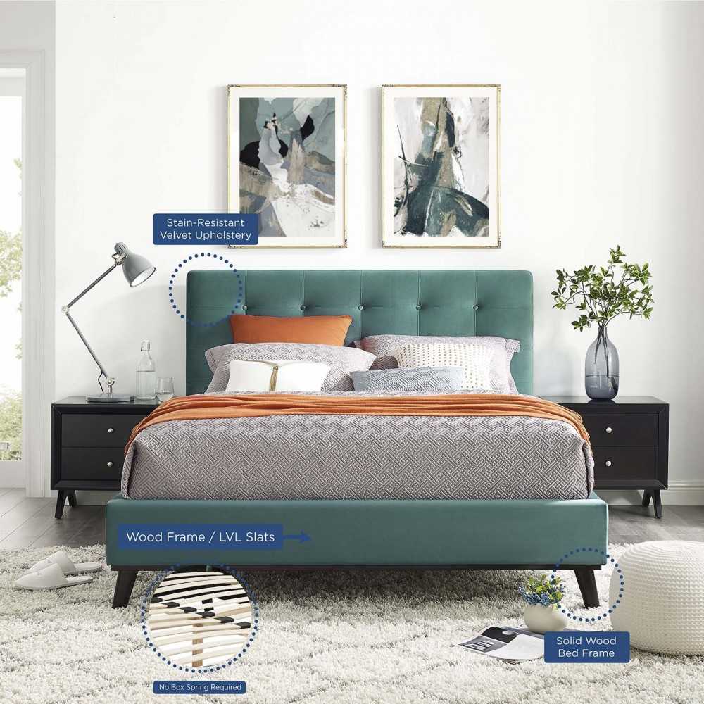 McKenzie Queen Biscuit Tufted Performance Velvet Platform Bed, Teal