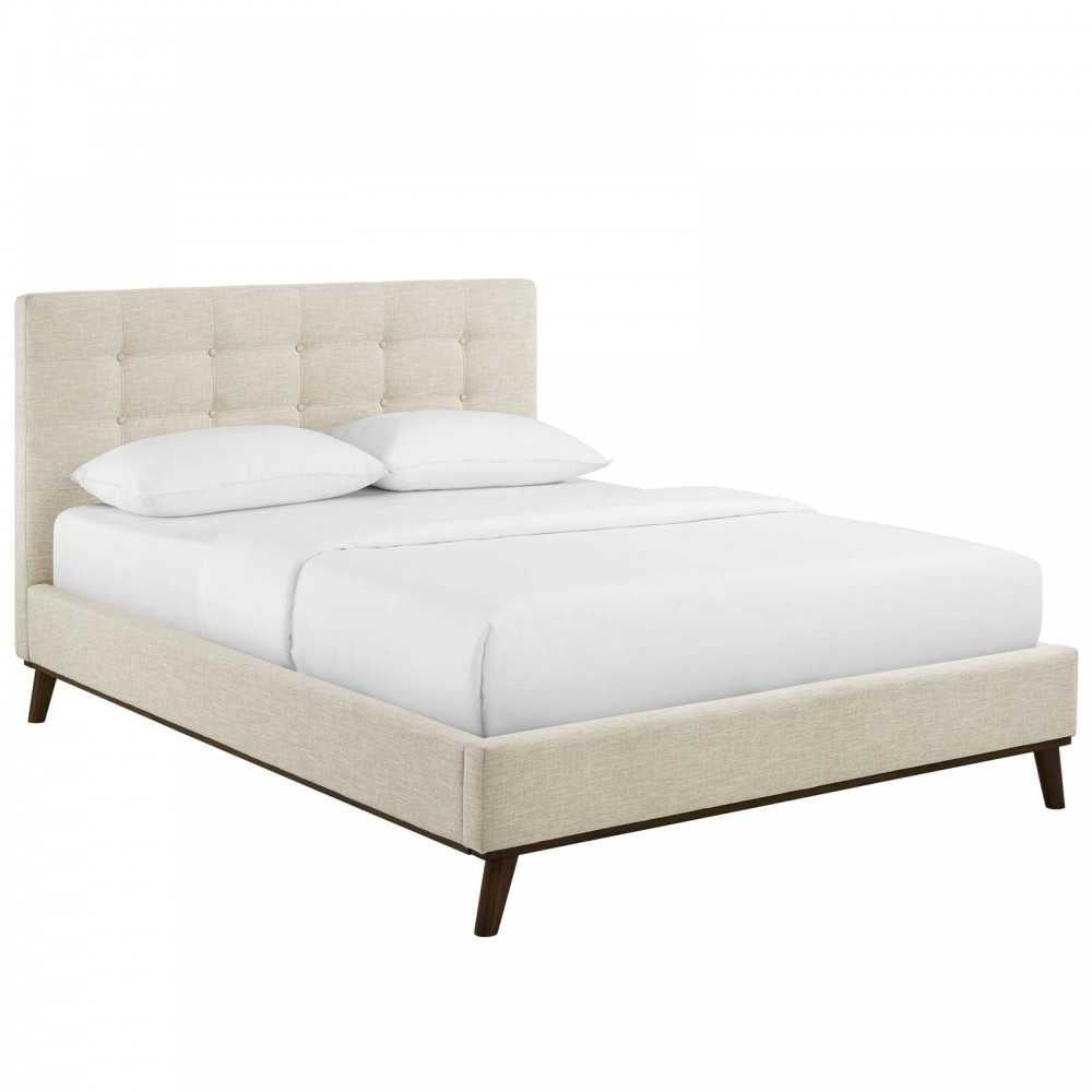 McKenzie Queen Biscuit Tufted Upholstered Fabric Platform Bed, Beige