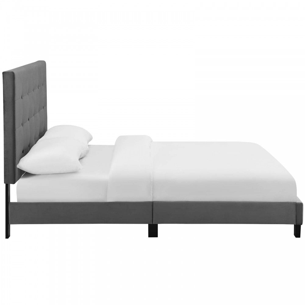 Melanie King Tufted Button Upholstered Performance Velvet Platform Bed, Gray