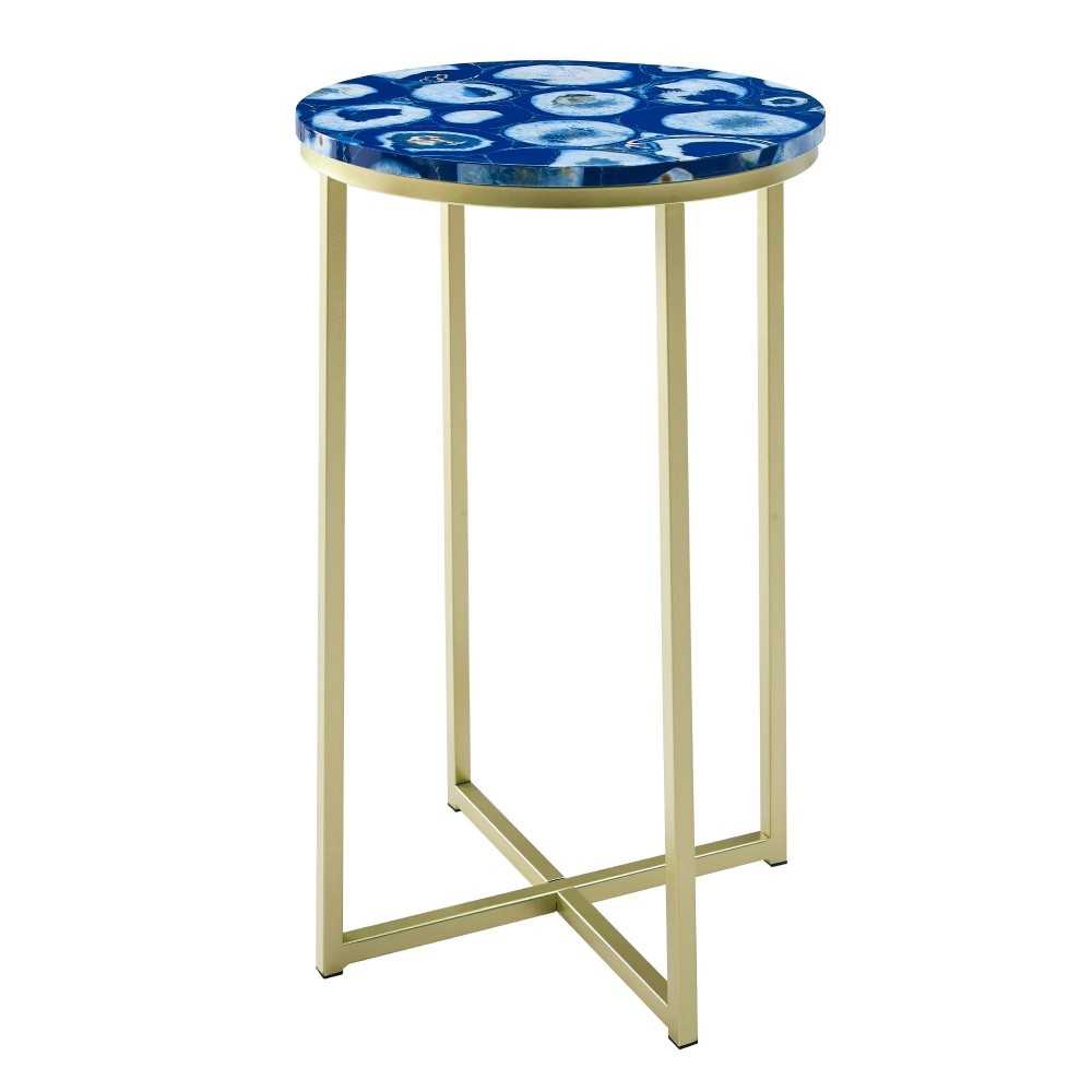 Melissa 16" Faux Stone Round Glam Side Table - Faux Blue Agate/Gold