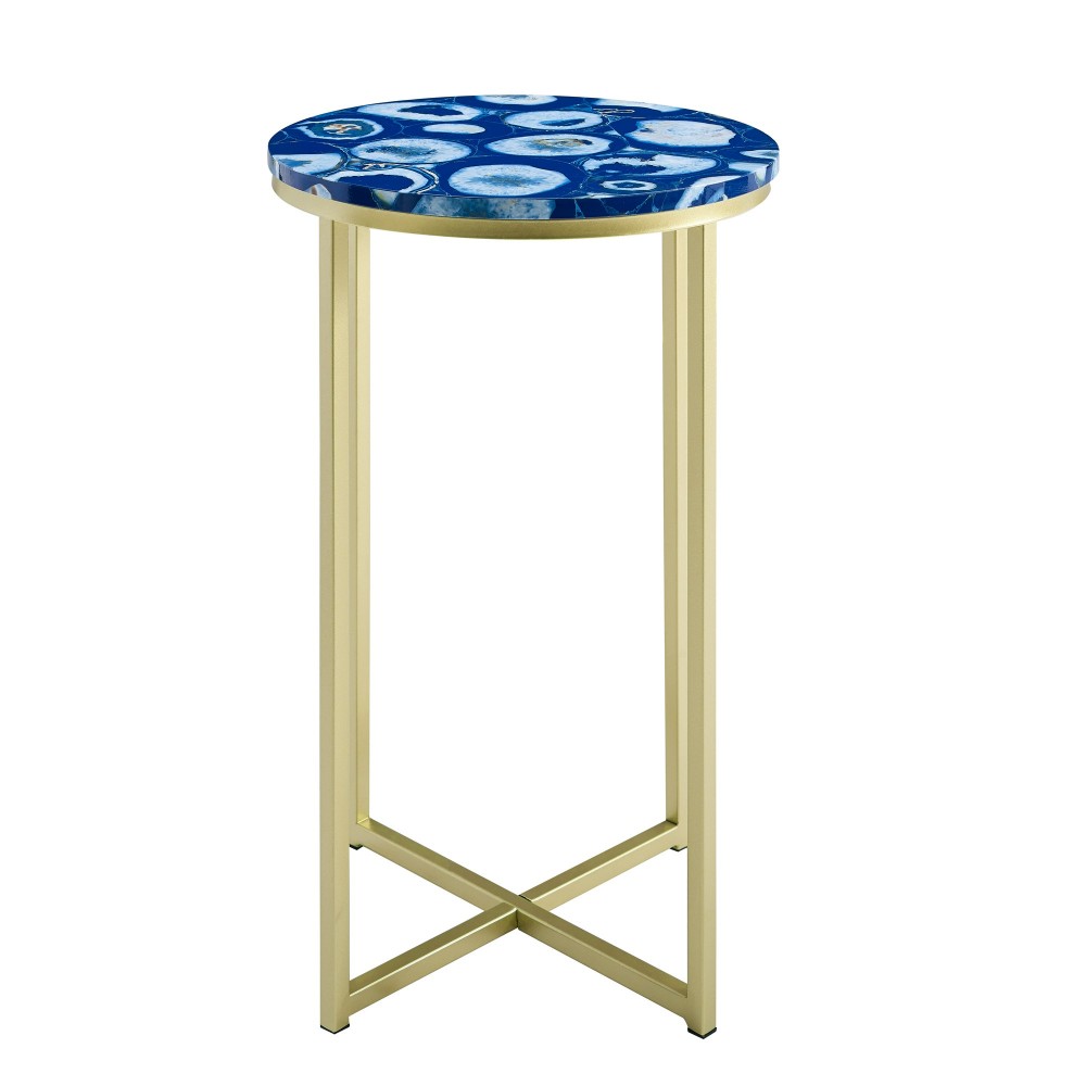 Melissa 16" Faux Stone Round Glam Side Table - Faux Blue Agate/Gold