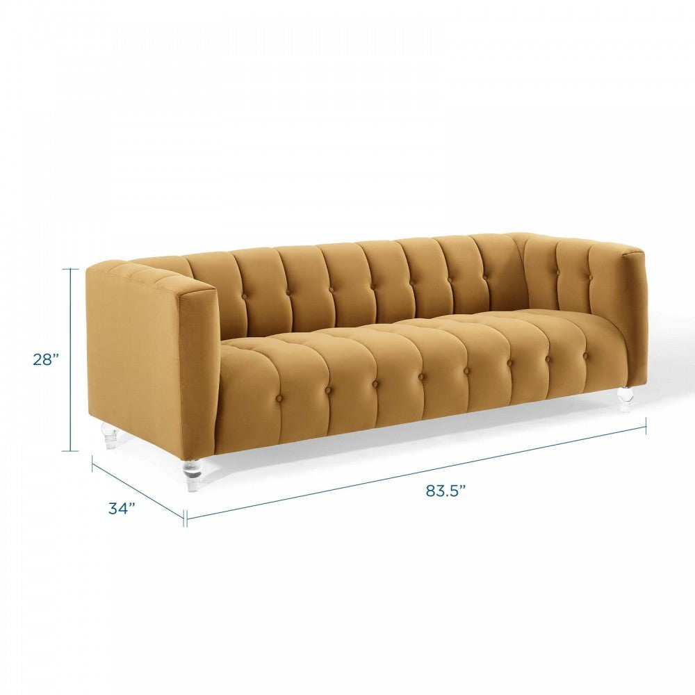 Mesmer Channel Tufted Button Performance Velvet Sofa, Cognac
