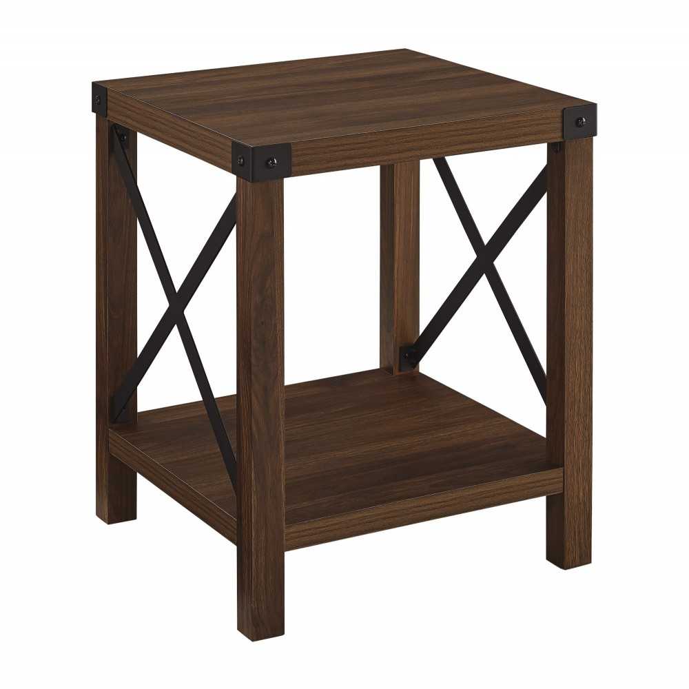 Metal X Rustic Wood Side Table - Dark Walnut