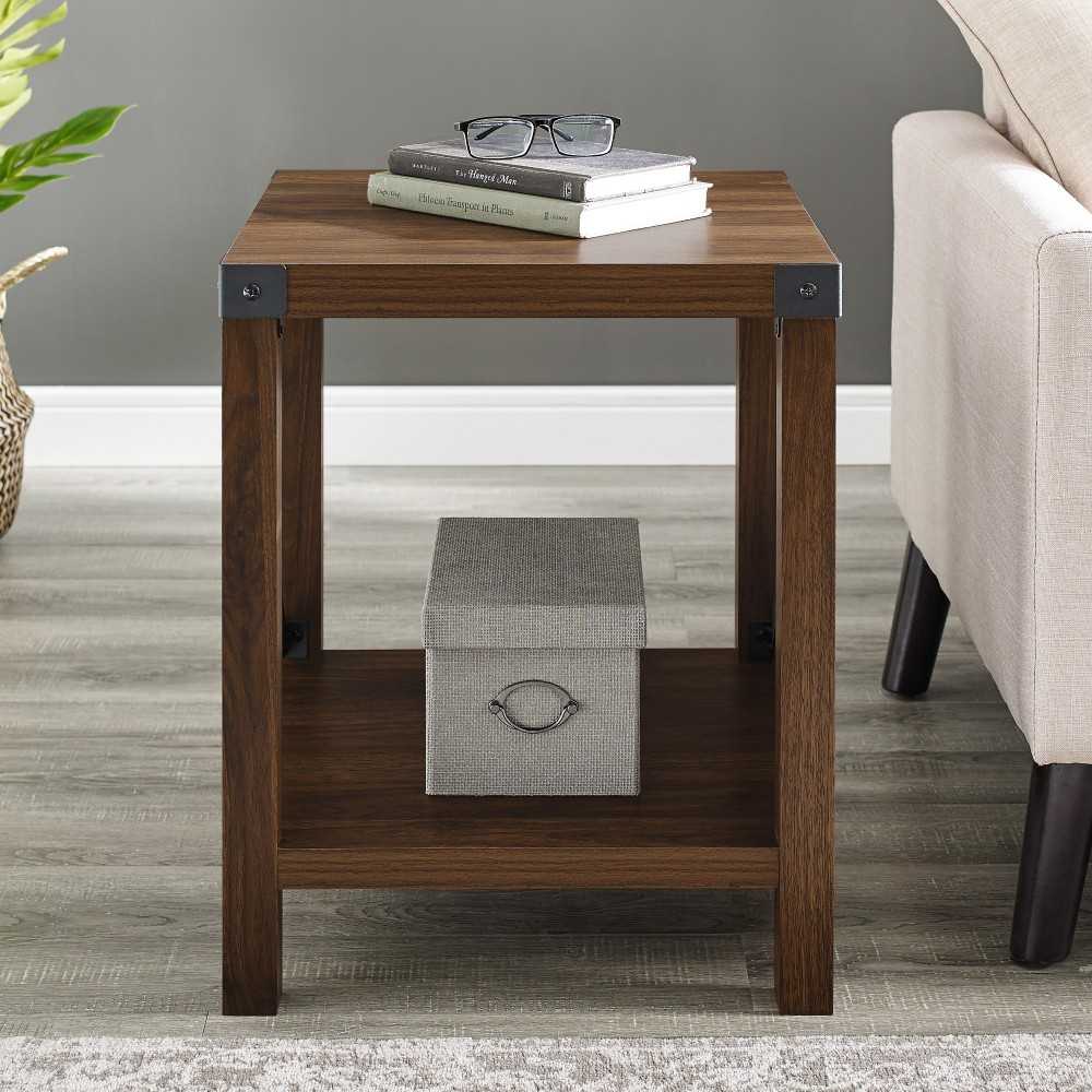 Metal X Rustic Wood Side Table - Dark Walnut