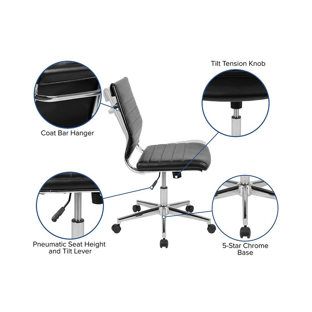 Mid-Back Armless Black LeatherSoft Contemporary Ribbed Executive Swivel Office Chair