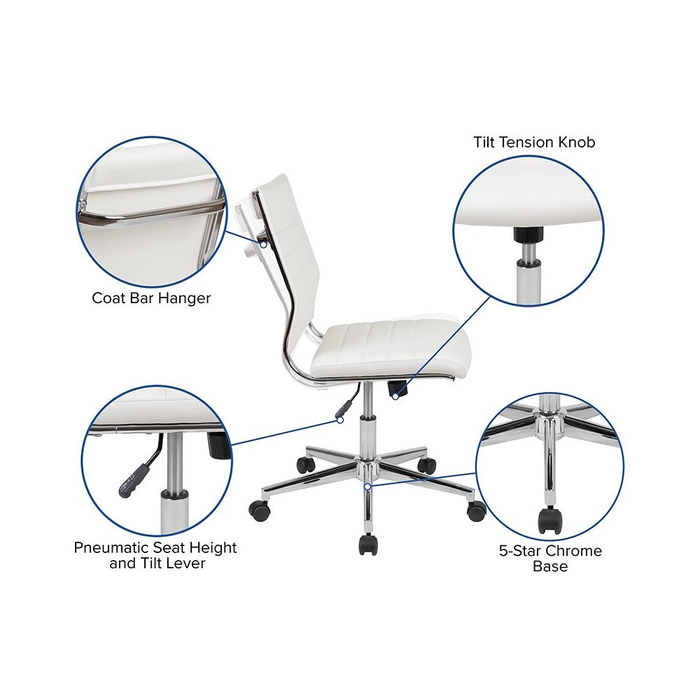 Mid-Back Armless White LeatherSoft Contemporary Ribbed Executive Swivel Office Chair