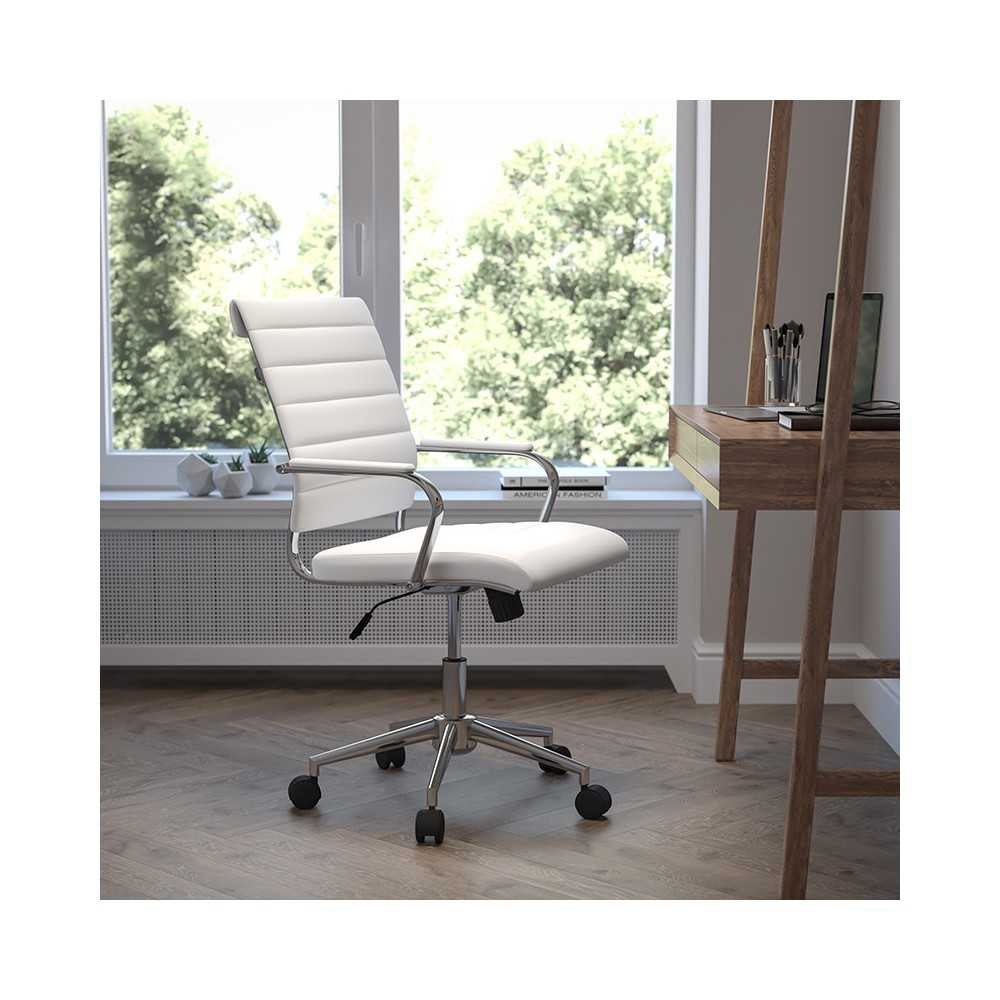 Mid-Back Armless White LeatherSoft Contemporary Ribbed Executive Swivel Office Chair