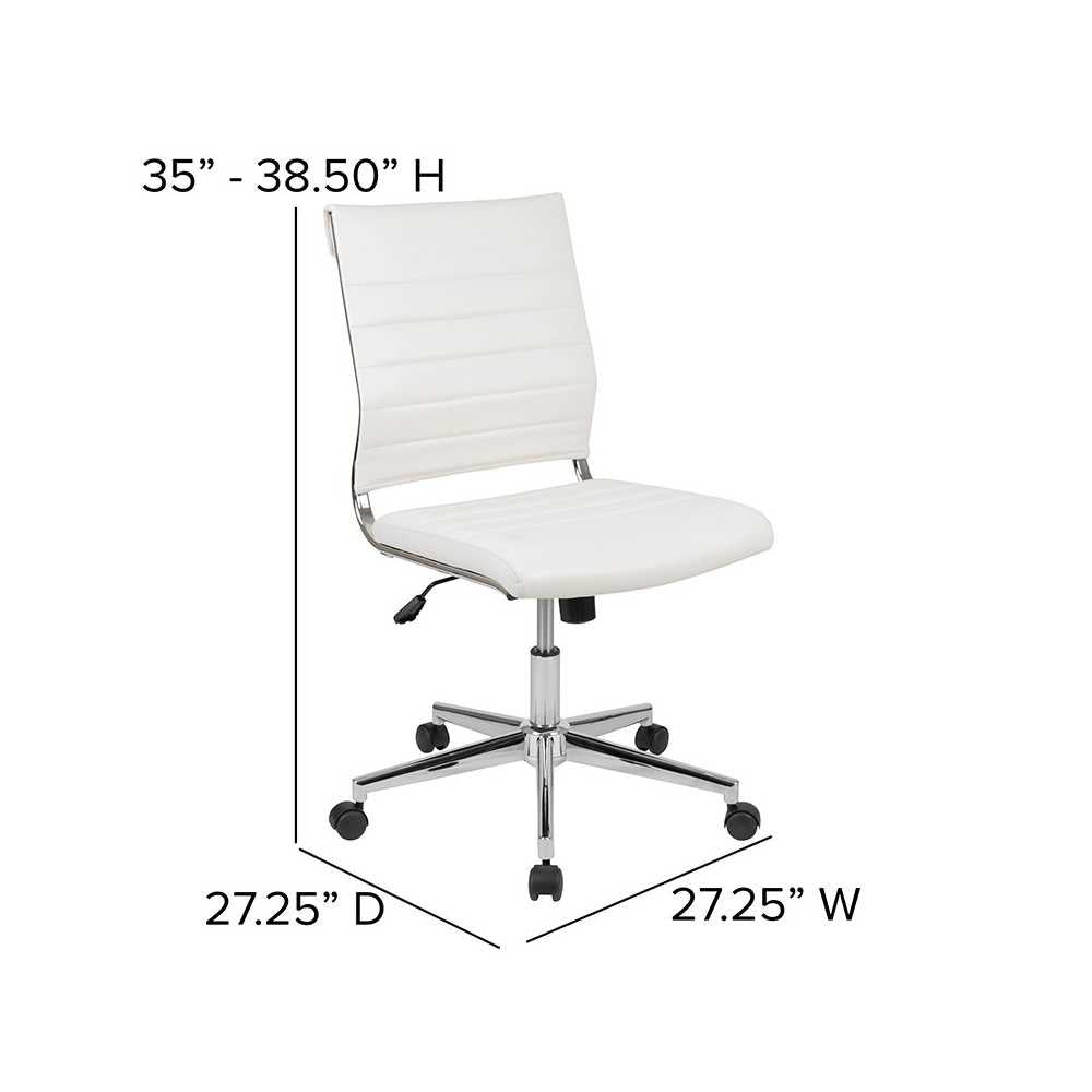 Mid-Back Armless White LeatherSoft Contemporary Ribbed Executive Swivel Office Chair