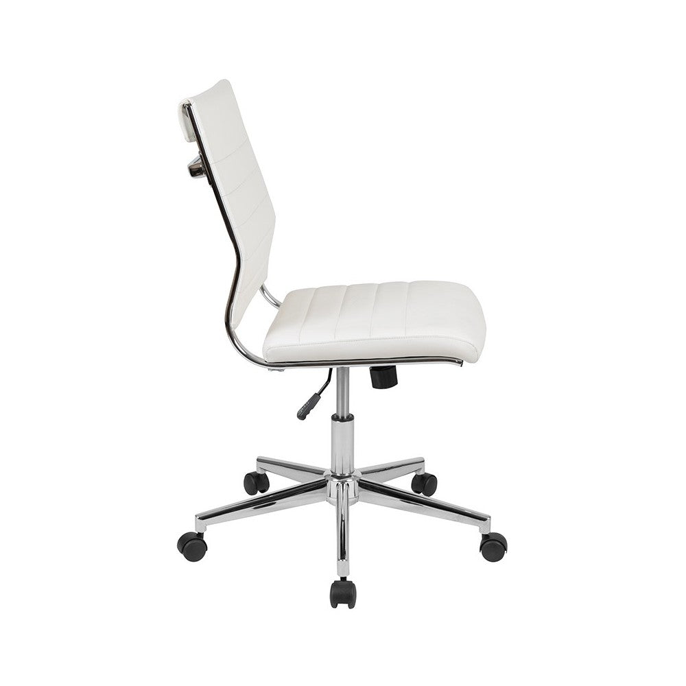 Mid-Back Armless White LeatherSoft Contemporary Ribbed Executive Swivel Office Chair