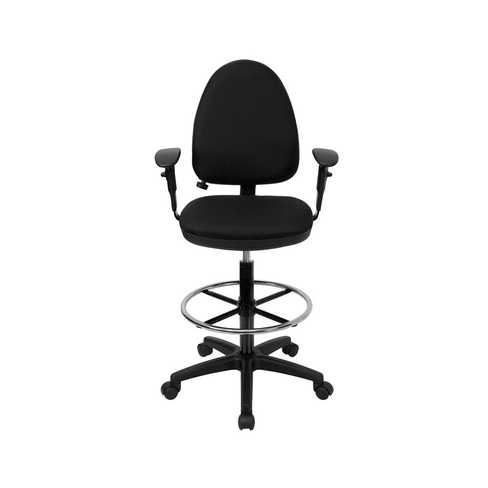 Mid-Back Black Fabric Multifunction Ergonomic Drafting Chair with Adjustable Lumbar Support and Adjustable Arms