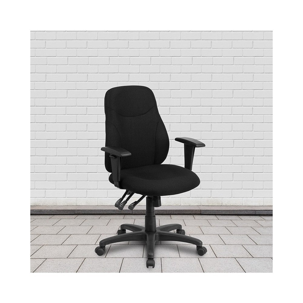 Mid-Back Black Fabric Multifunction Swivel Ergonomic Task Office Chair with Adjustable Arms