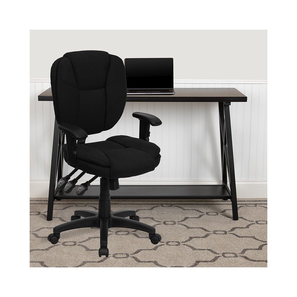 Mid-Back Black Fabric Multifunction Swivel Ergonomic Task Office Chair with Pillow Top Cushioning and Arms