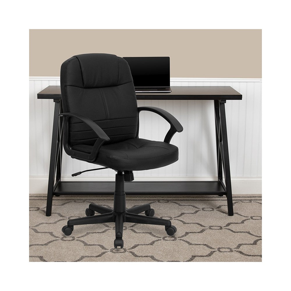 Mid-Back Black Leather Executive Swivel Office Chair with Rounded Back and Arms