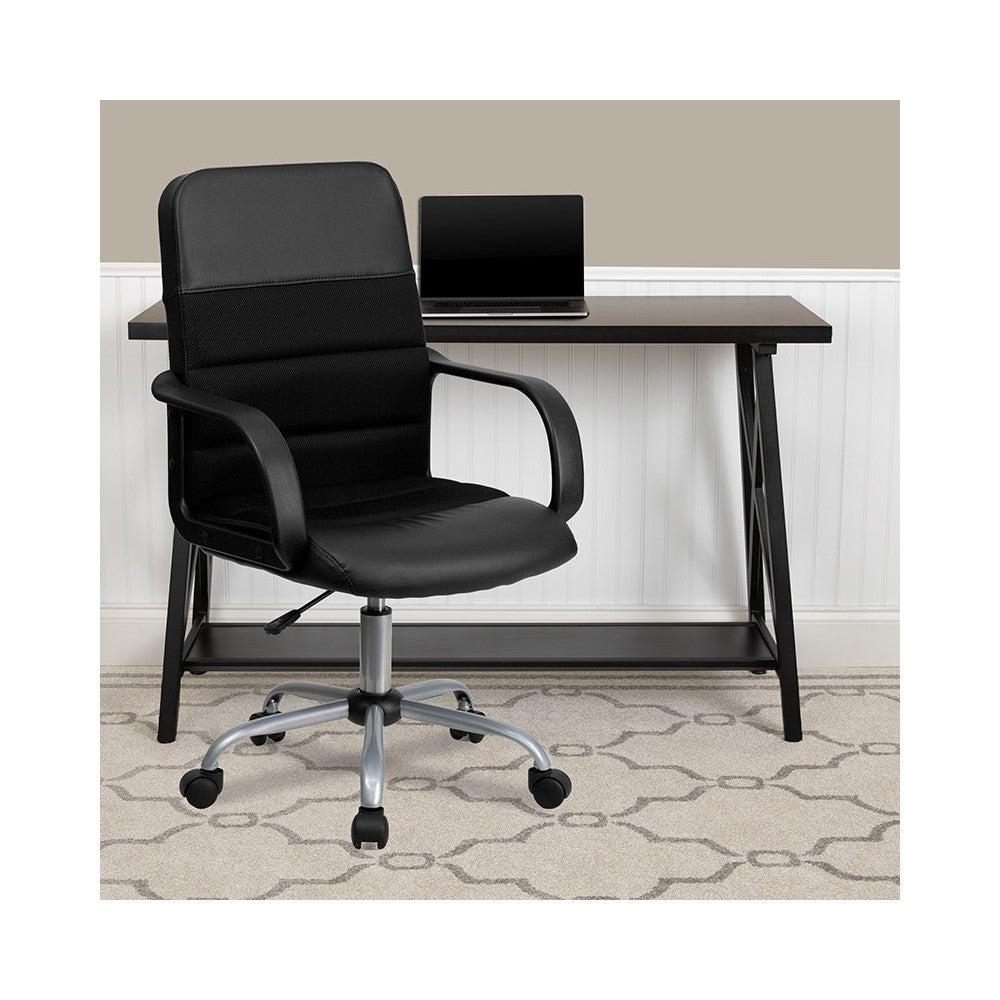 Mid-Back Black LeatherSoft and Mesh Swivel Task Office Chair with Arms