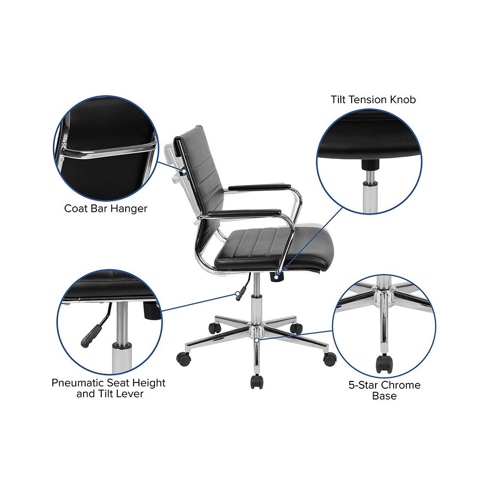Mid-Back Black LeatherSoft Contemporary Ribbed Executive Swivel Office Chair