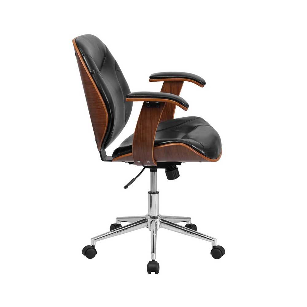 Mid-Back Black LeatherSoft Executive Ergonomic Wood Swivel Office Chair with Arms