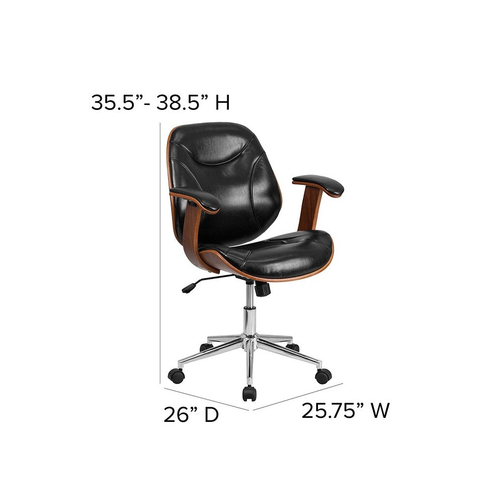 Mid-Back Black LeatherSoft Executive Ergonomic Wood Swivel Office Chair with Arms