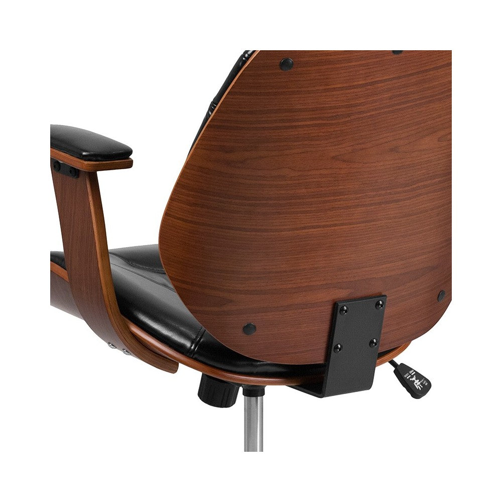 Mid-Back Black LeatherSoft Executive Ergonomic Wood Swivel Office Chair with Arms