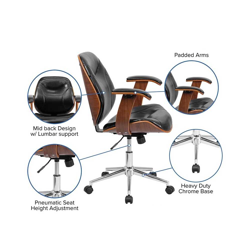 Mid-Back Black LeatherSoft Executive Ergonomic Wood Swivel Office Chair with Arms