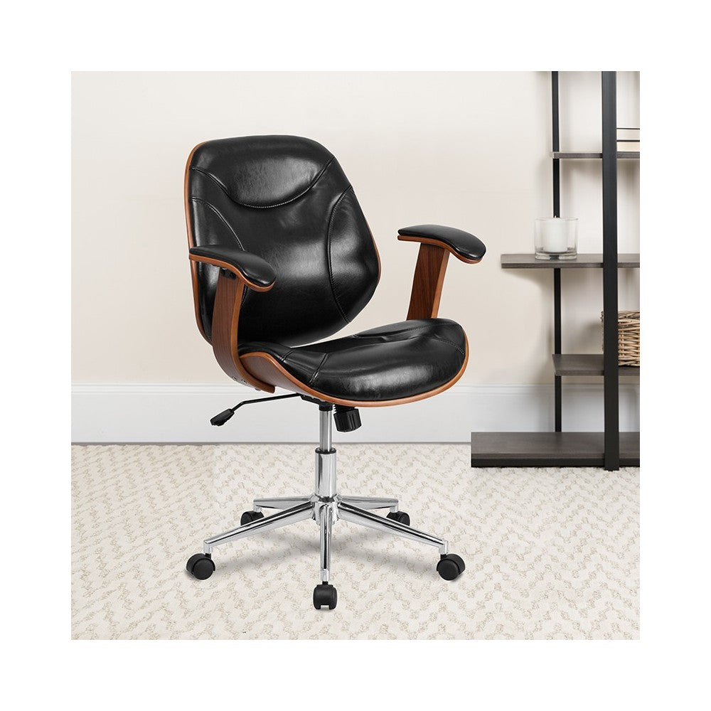 Mid-Back Black LeatherSoft Executive Ergonomic Wood Swivel Office Chair with Arms