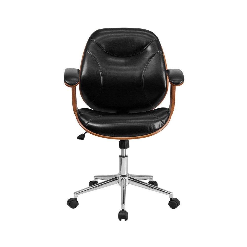 Mid-Back Black LeatherSoft Executive Ergonomic Wood Swivel Office Chair with Arms