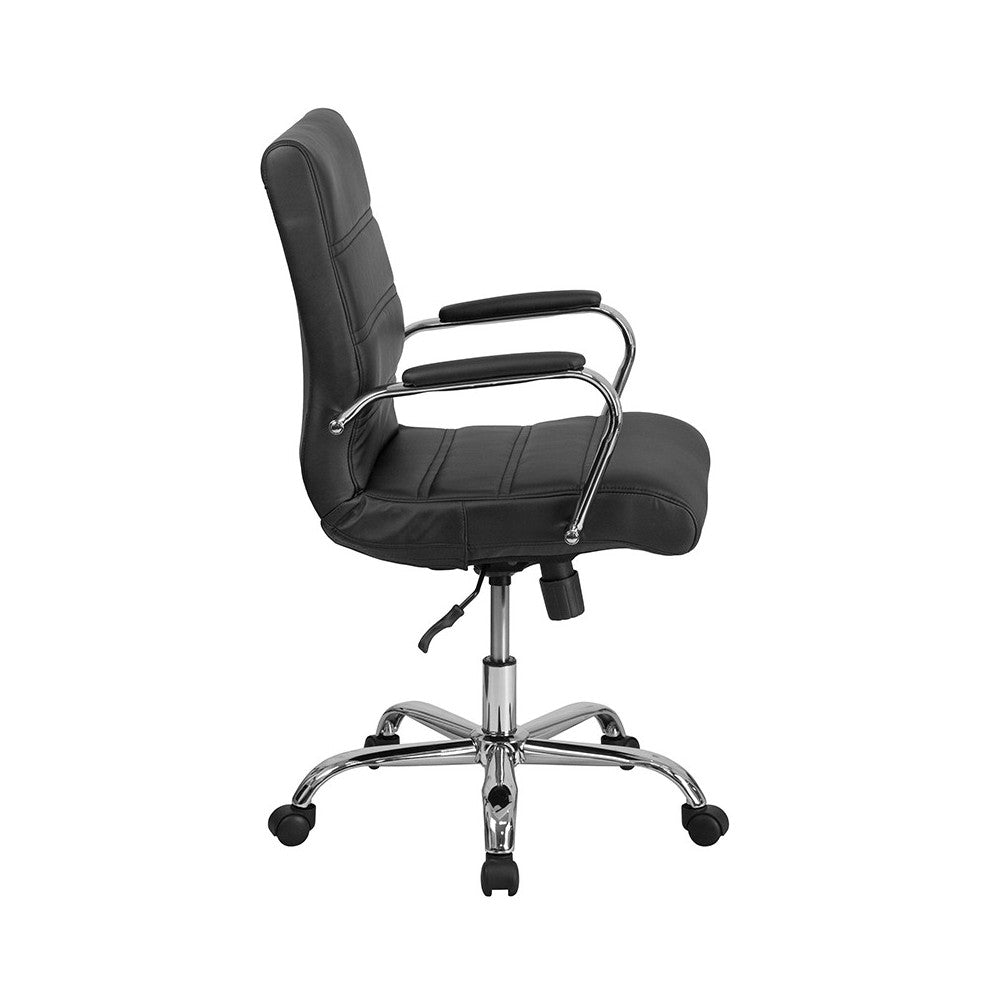 Mid-Back Black LeatherSoft Executive Swivel Office Chair with Chrome Base and Arms
