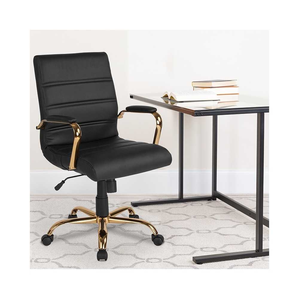 Mid-Back Black LeatherSoft Executive Swivel Office Chair with Gold Frame and Arms