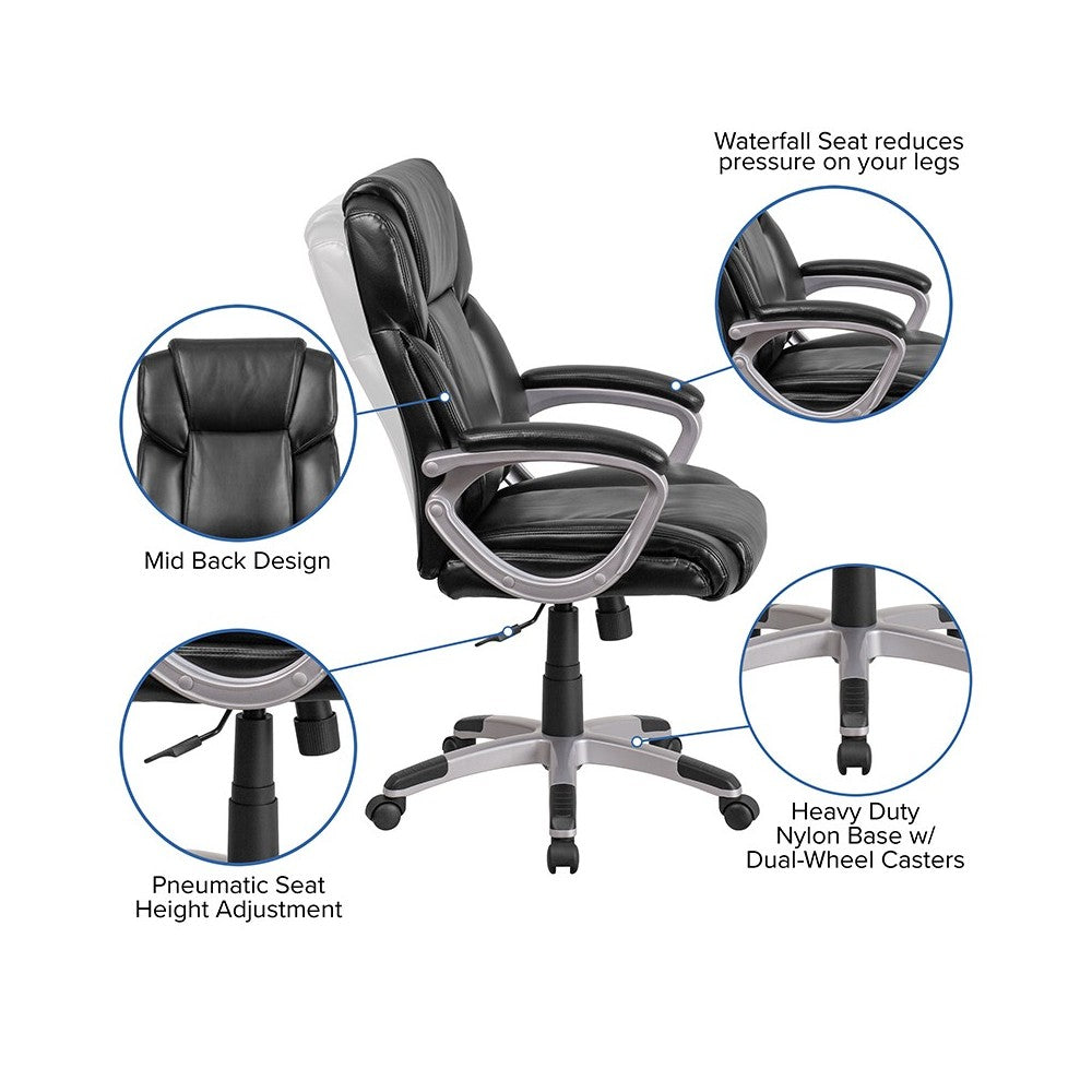 Mid-Back Black LeatherSoft Executive Swivel Office Chair with Padded Arms