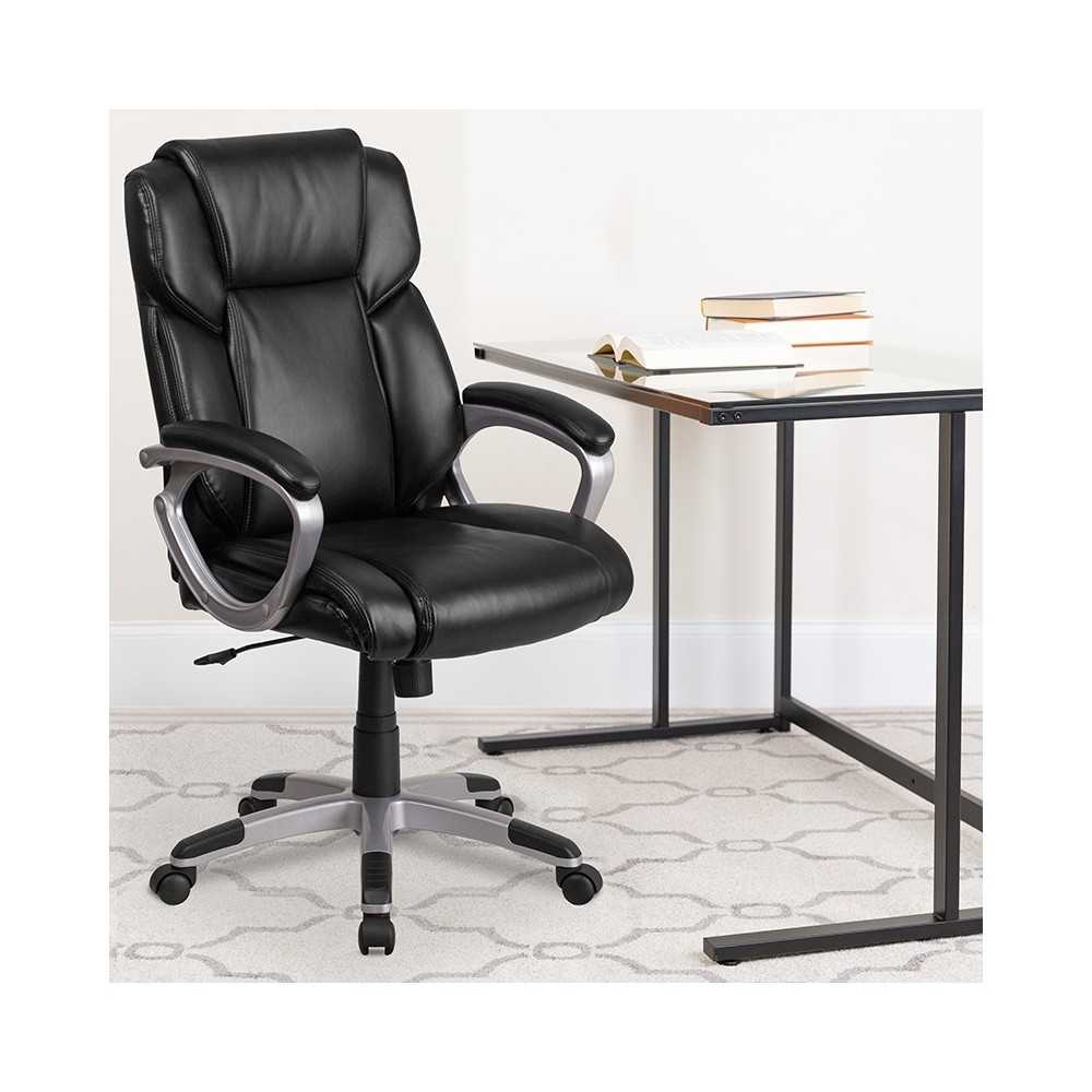 Mid-Back Black LeatherSoft Executive Swivel Office Chair with Padded Arms