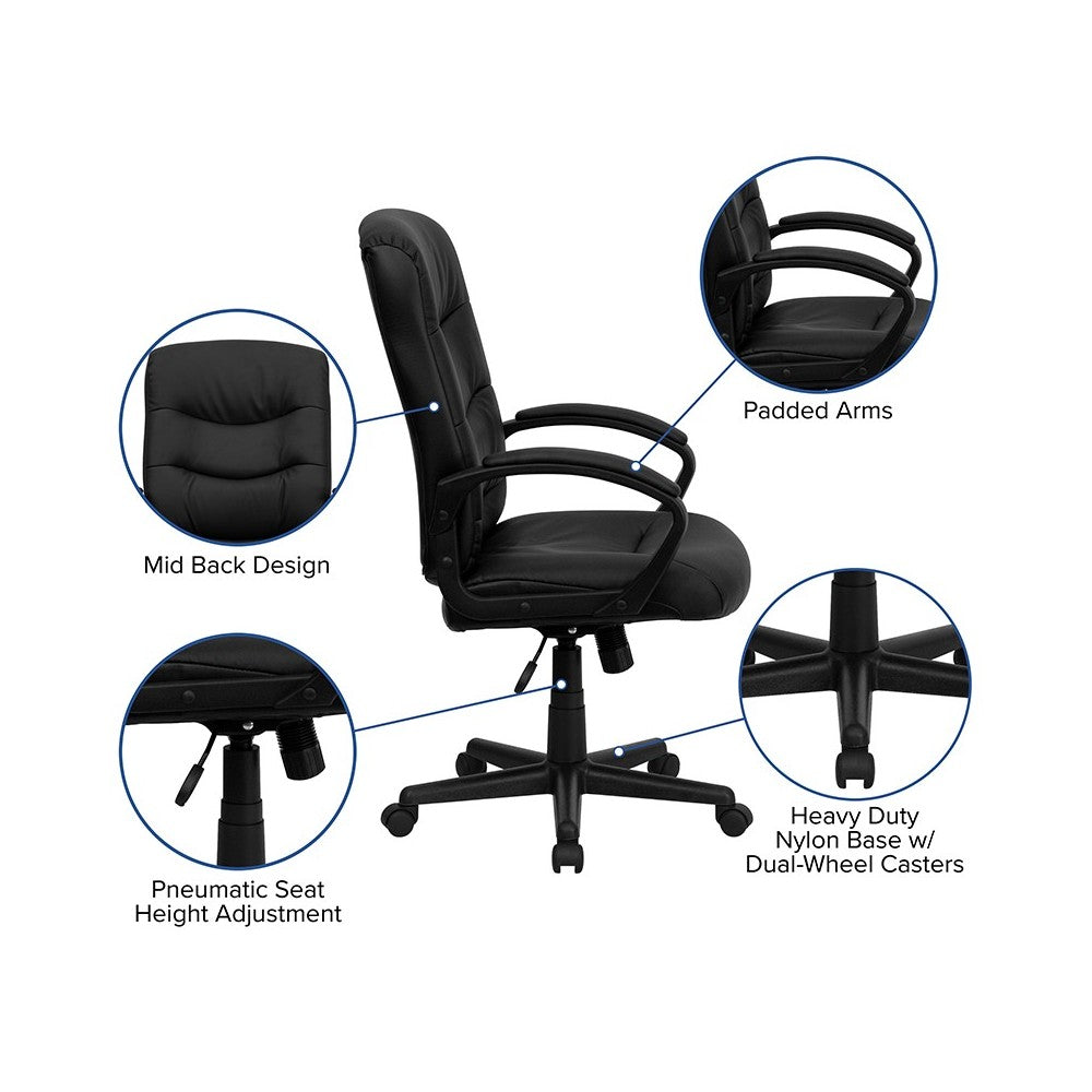 Mid-Back Black LeatherSoft Executive Swivel Office Chair with Three Line Horizontal Stitch Back and Arms