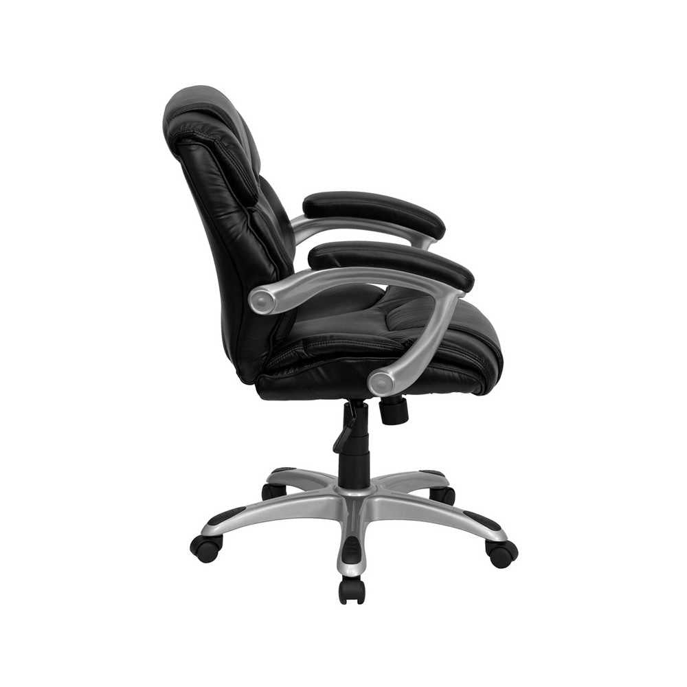 Mid-Back Black LeatherSoft Layered Upholstered Executive Swivel Ergonomic Office Chair with Silver Nylon Base and Arms