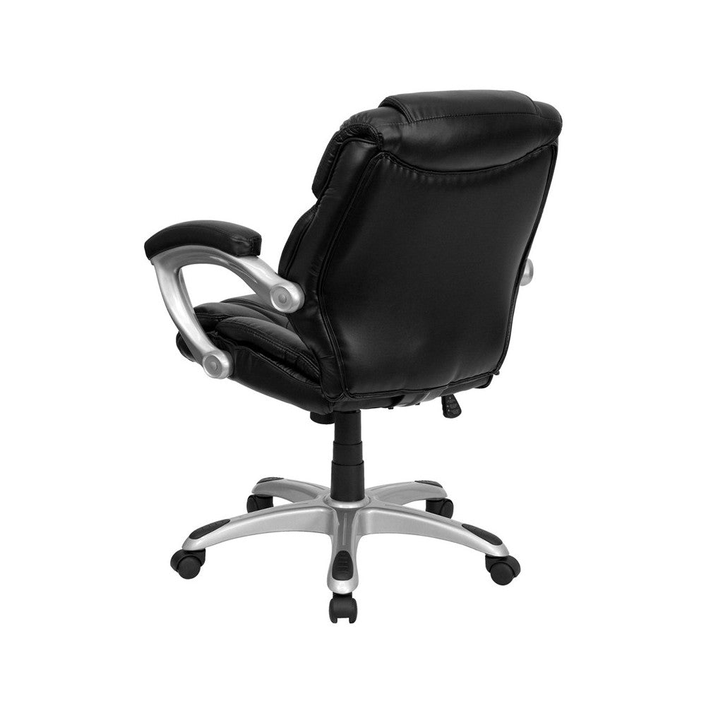 Mid-Back Black LeatherSoft Layered Upholstered Executive Swivel Ergonomic Office Chair with Silver Nylon Base and Arms