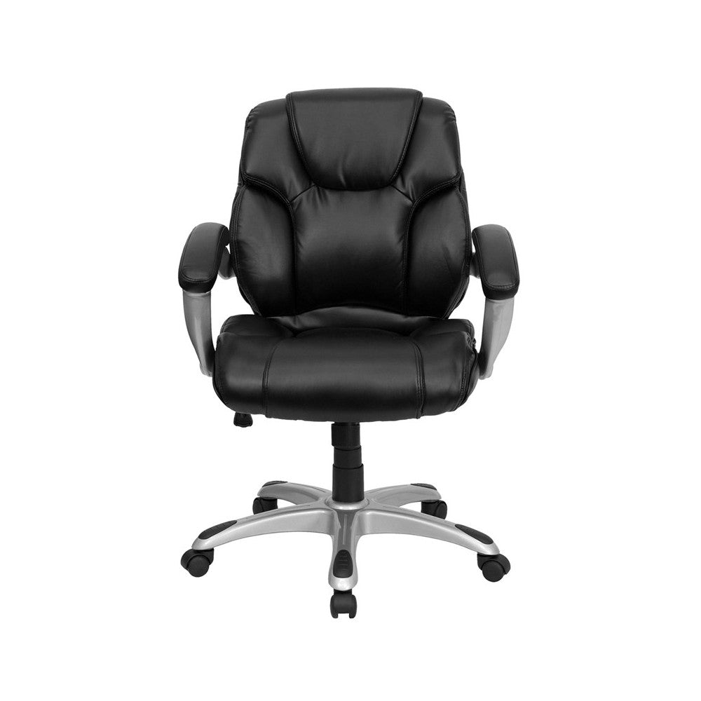 Mid-Back Black LeatherSoft Layered Upholstered Executive Swivel Ergonomic Office Chair with Silver Nylon Base and Arms