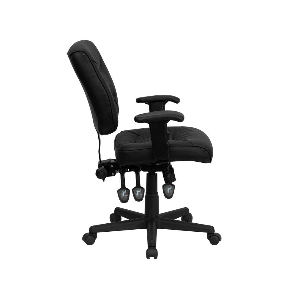 Mid-Back Black LeatherSoft Multifunction Swivel Ergonomic Task Office Chair with Adjustable Arms