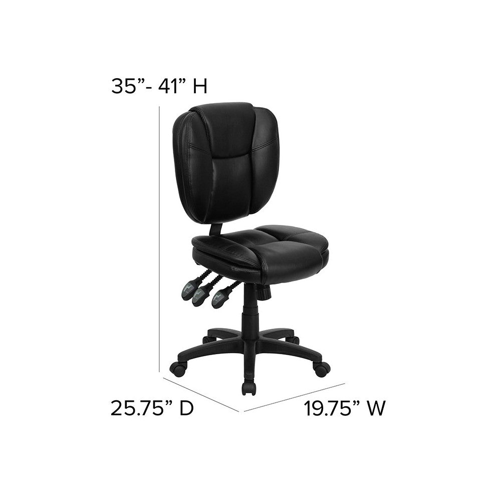 Mid-Back Black LeatherSoft Multifunction Swivel Ergonomic Task Office Chair with Pillow Top Cushioning