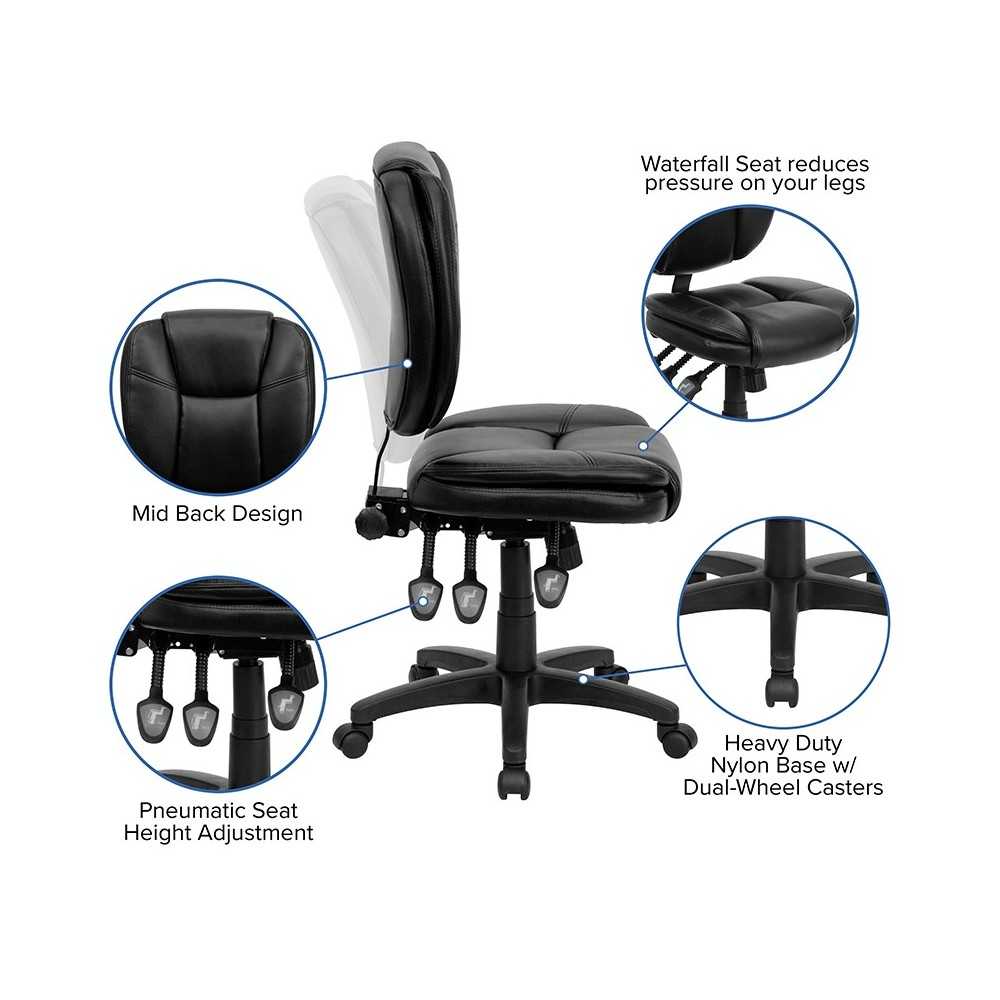 Mid-Back Black LeatherSoft Multifunction Swivel Ergonomic Task Office Chair with Pillow Top Cushioning
