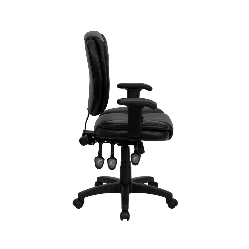 Mid-Back Black LeatherSoft Multifunction Swivel Ergonomic Task Office Chair with Pillow Top Cushioning and Arms