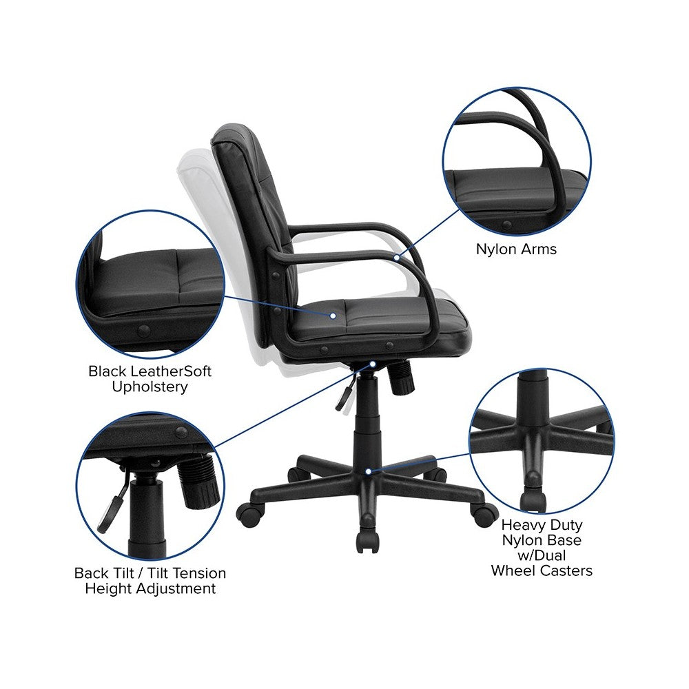 Mid-Back Black LeatherSoft Swivel Task Office Chair with Arms