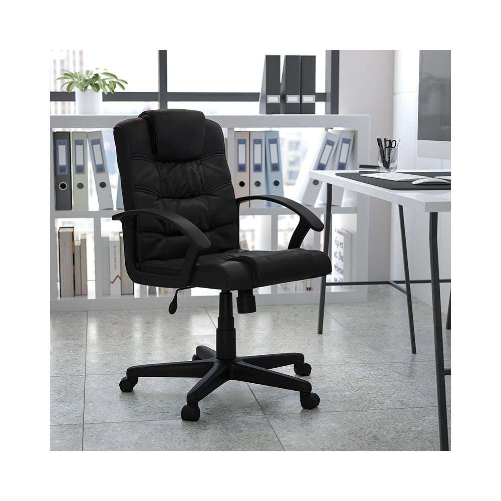 Mid-Back Black LeatherSoft Swivel Task Office Chair with Arms