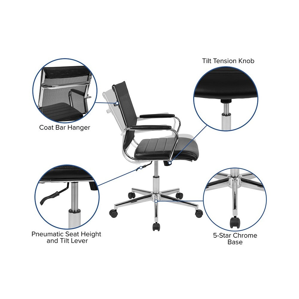 Mid-Back Black Mesh Contemporary Executive Swivel Office Chair with LeatherSoft Seat