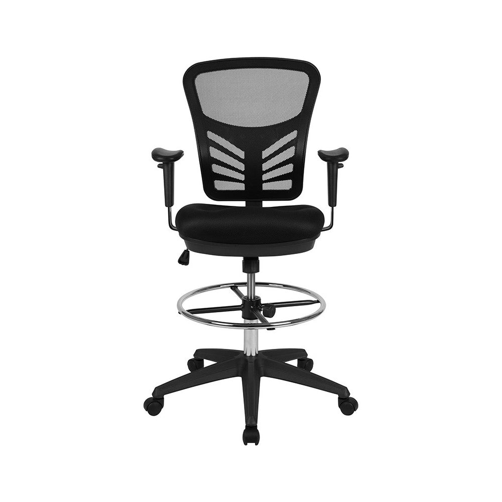 Mid-Back Black Mesh Ergonomic Drafting Chair with Adjustable Chrome Foot Ring, Adjustable Arms and Black Frame