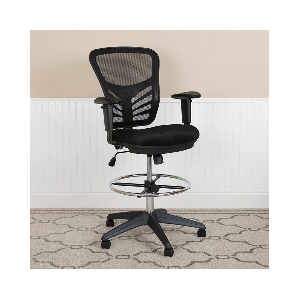 Mid-Back Black Mesh Ergonomic Drafting Chair with Adjustable Chrome Foot Ring, Adjustable Arms and Black Frame