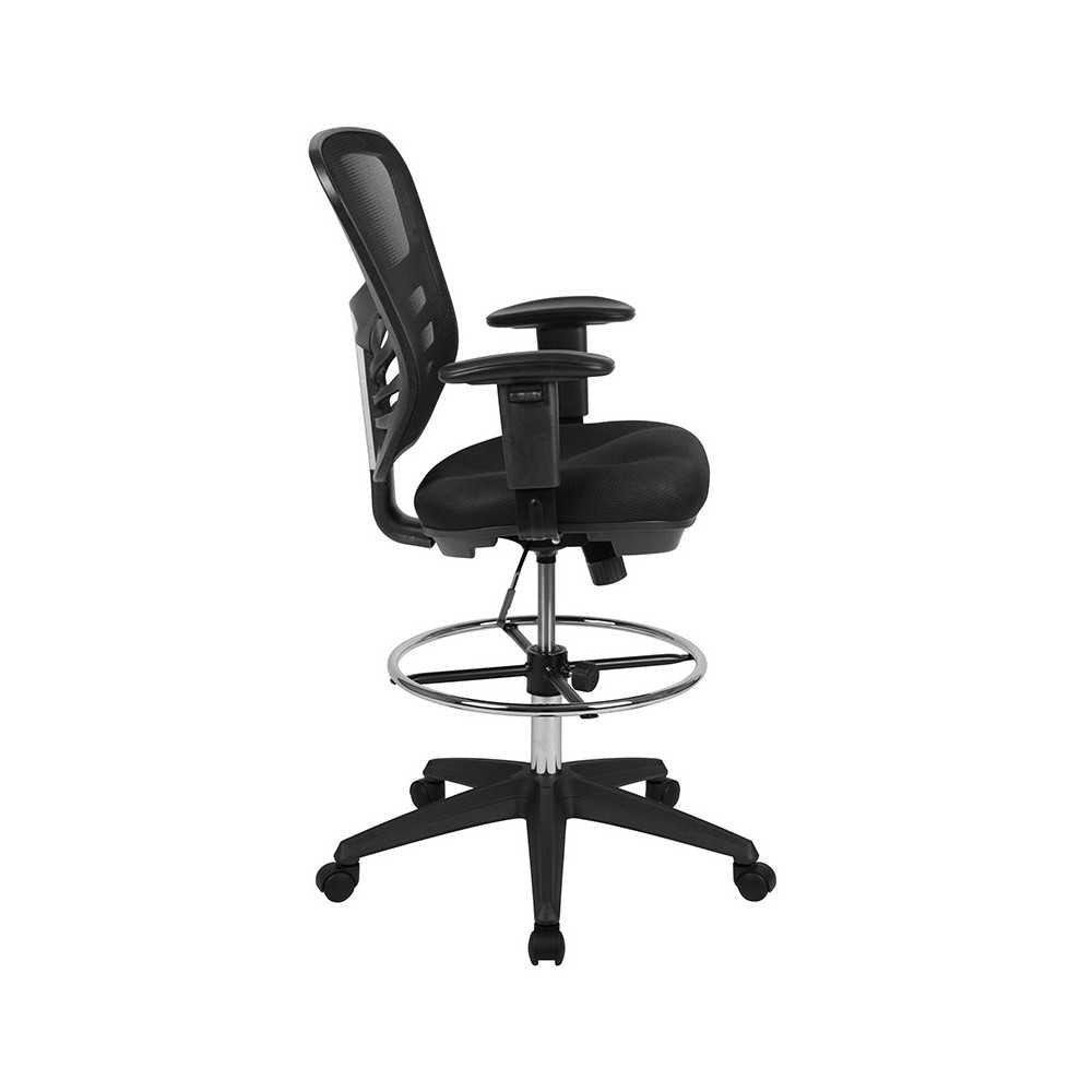 Mid-Back Black Mesh Ergonomic Drafting Chair with Adjustable Chrome Foot Ring, Adjustable Arms and Black Frame
