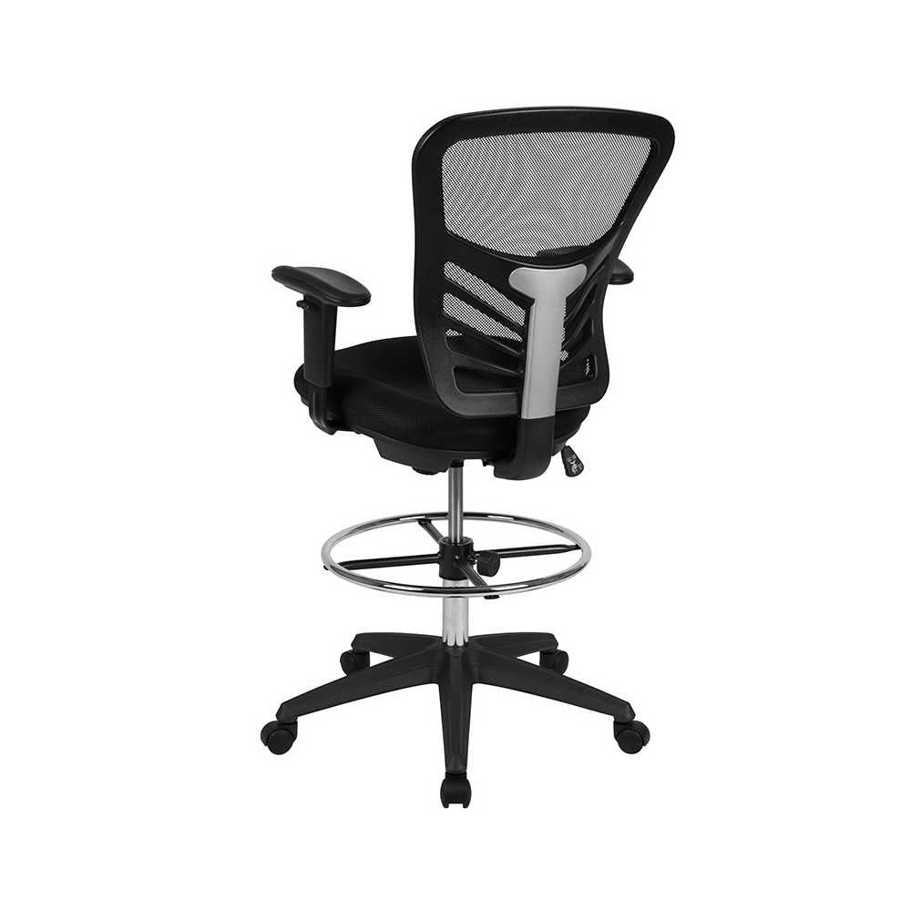 Mid-Back Black Mesh Ergonomic Drafting Chair with Adjustable Chrome Foot Ring, Adjustable Arms and Black Frame