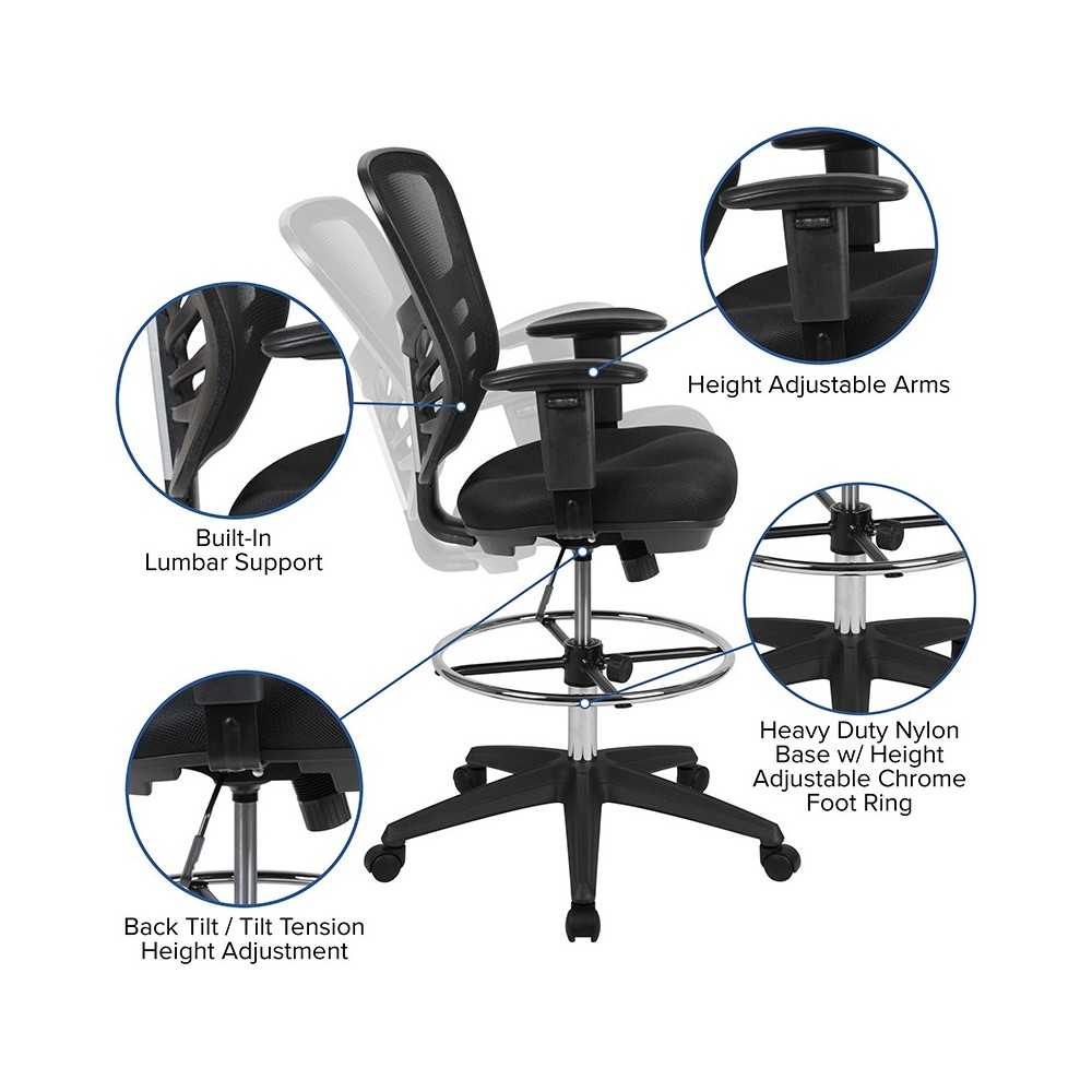 Mid-Back Black Mesh Ergonomic Drafting Chair with Adjustable Chrome Foot Ring, Adjustable Arms and Black Frame