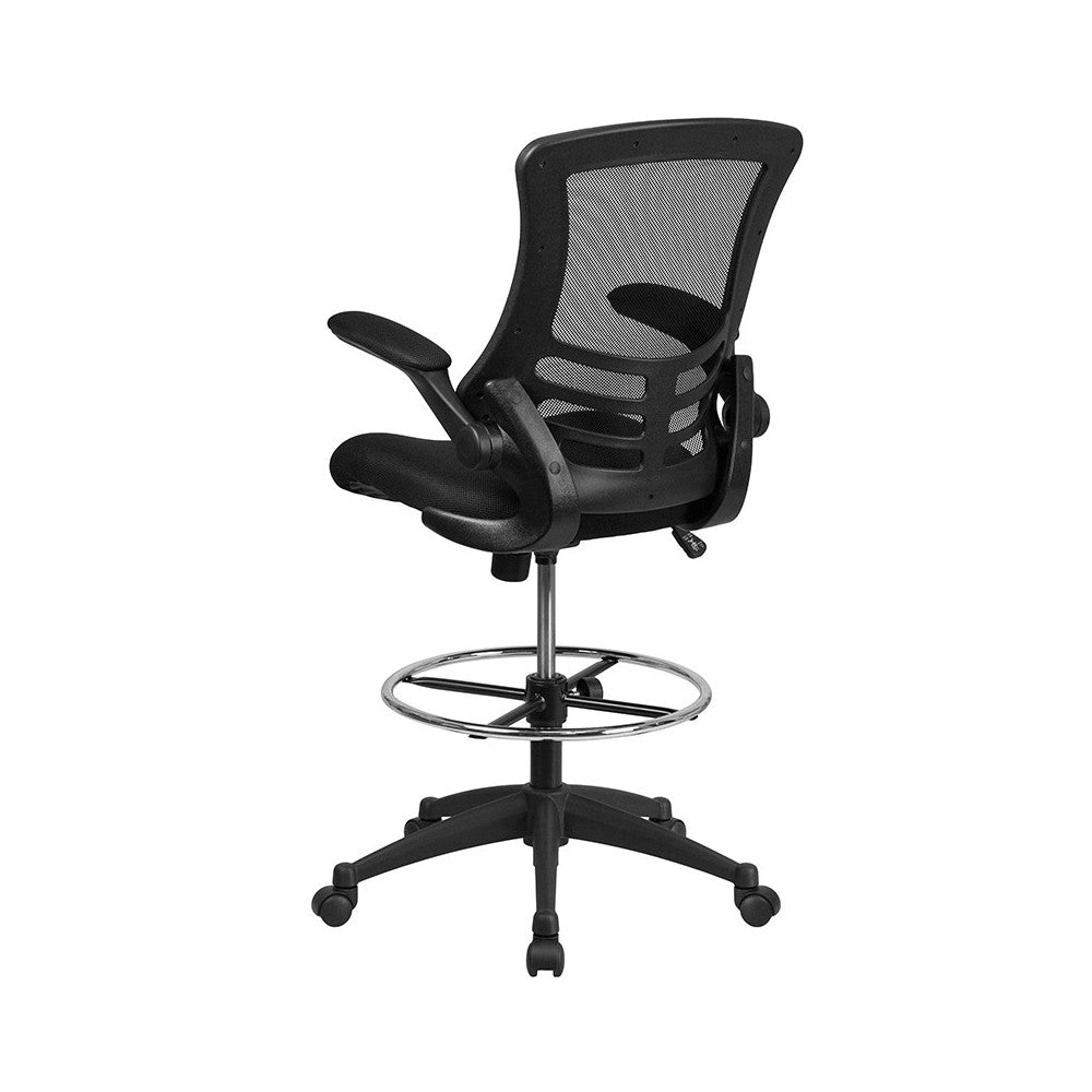 Mid-Back Black Mesh Ergonomic Drafting Chair with Adjustable Foot Ring and Flip-Up Arms