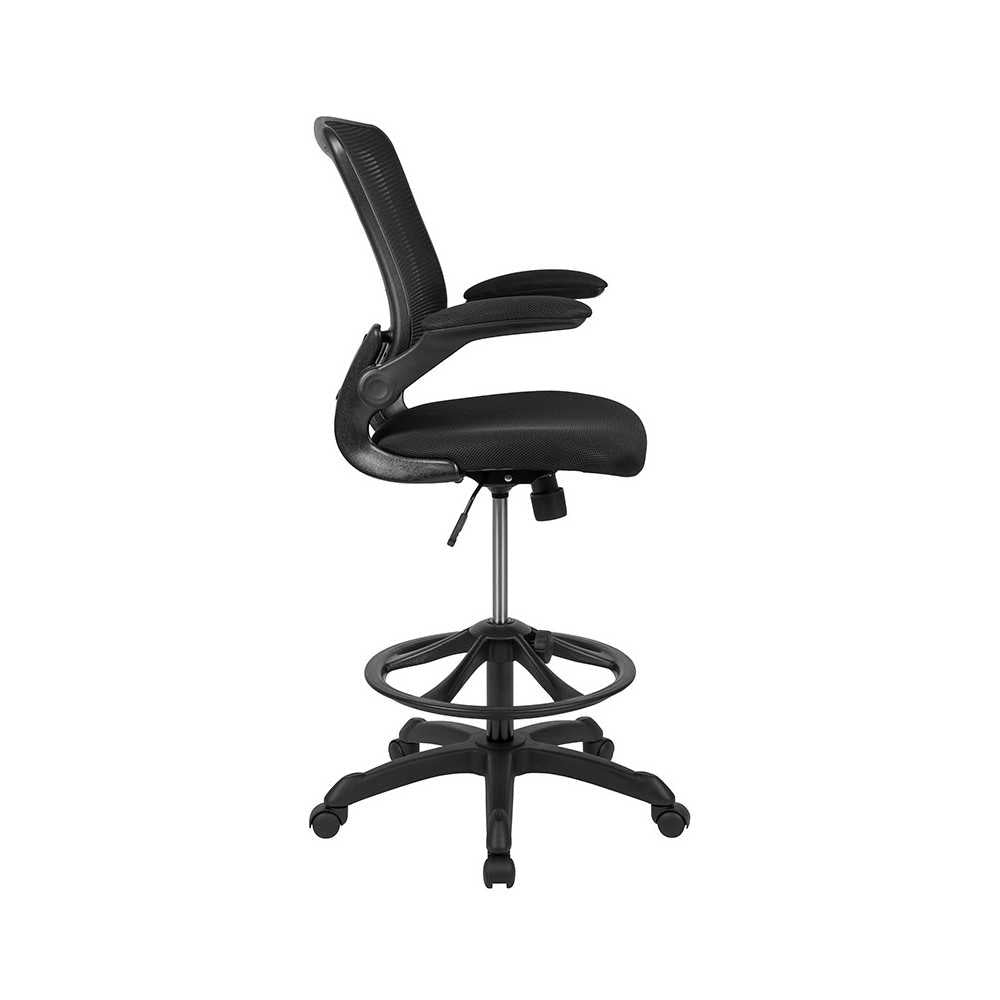 Mid-Back Black Mesh Ergonomic Drafting Chair with Adjustable Foot Ring and Flip-Up Arms