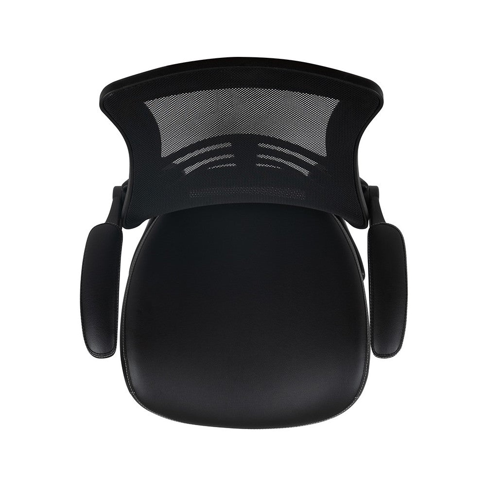 Mid-Back Black Mesh Ergonomic Drafting Chair with LeatherSoft Seat, Adjustable Foot Ring and Flip-Up Arms