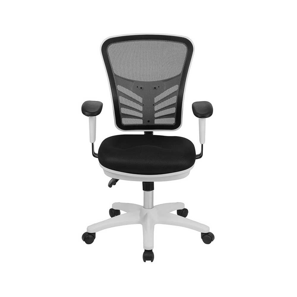 Mid-Back Black Mesh Multifunction Executive Swivel Ergonomic Office Chair with Adjustable Arms and White Frame