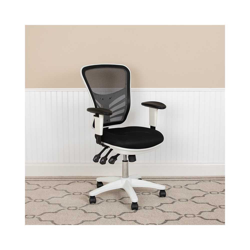 Mid-Back Black Mesh Multifunction Executive Swivel Ergonomic Office Chair with Adjustable Arms and White Frame